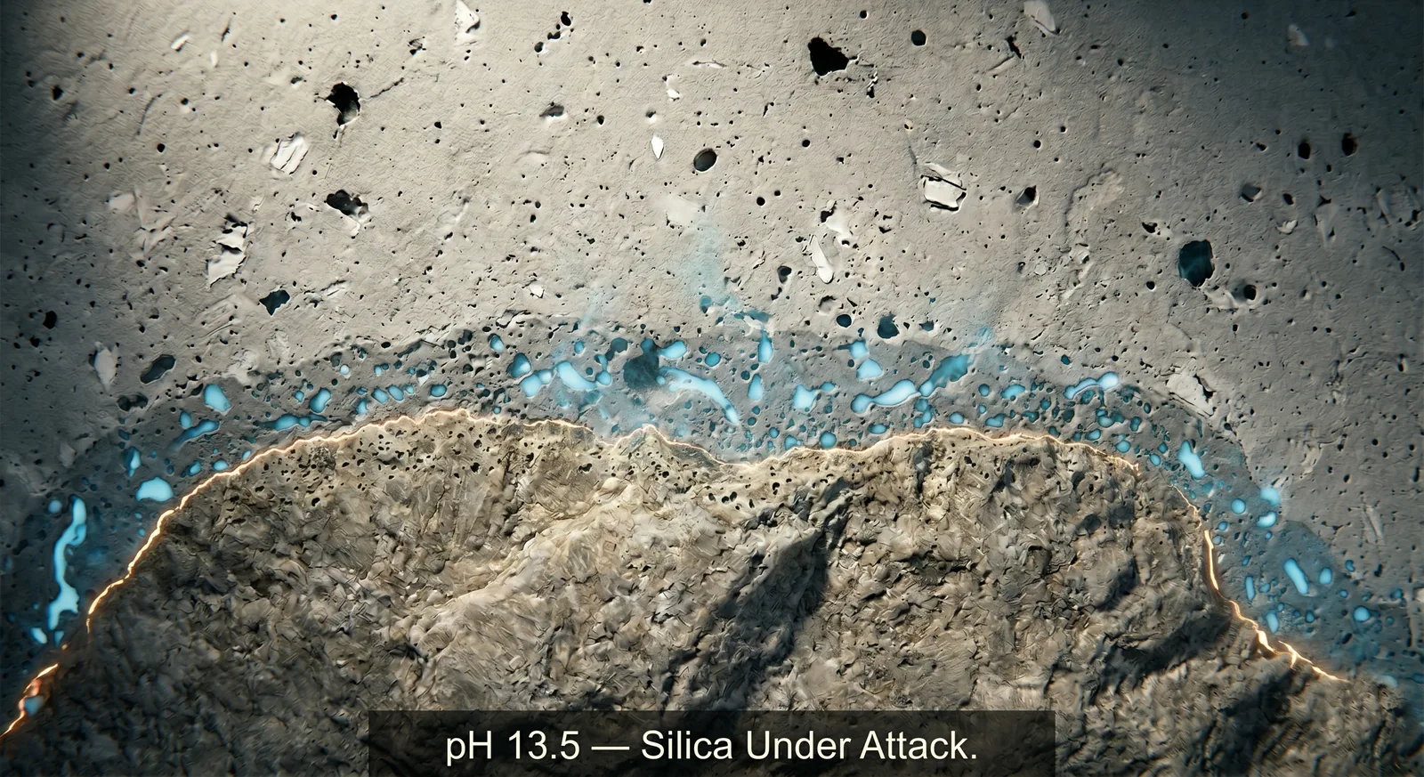 Microscopic visualization of alkali-silica reaction stage 2. High-pH pore solution containing sodium and potassium hydroxides in the interfacial transition zone in active chemical attack on the reactive amorphous silica at the aggregate surface. The silicon-oxygen bond network breaking down under hydroxyl ion attack.