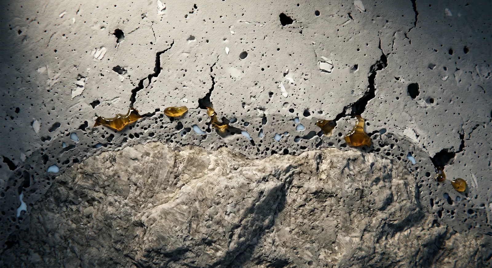 Microscopic visualization of alkali-silica reaction stage 3. Sodium silicate hydrate ASR gel beginning to form at the sites of silica attack on the aggregate surface. The first visible product of the alkali-silica reaction nucleating inside the aggregate matrix at the interfacial zone.