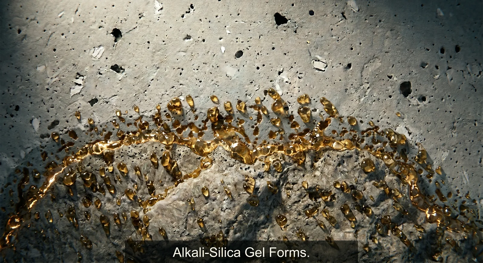 Microscopic visualization of alkali-silica reaction stage 4. Continued ASR gel accumulation inside the aggregate. Multiple ASR product pockets now visible, precipitating in the confined space at the interfacial zone. The hygroscopic gel expanding as it absorbs moisture.