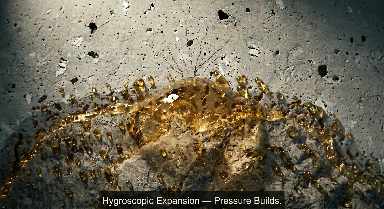 Microscopic visualization of alkali-silica reaction stage 5. Solidification pressure building within the aggregate as ASR products precipitate in confined conditions. Laboratory measurement puts that pressure at 6 to 13 megapascals.