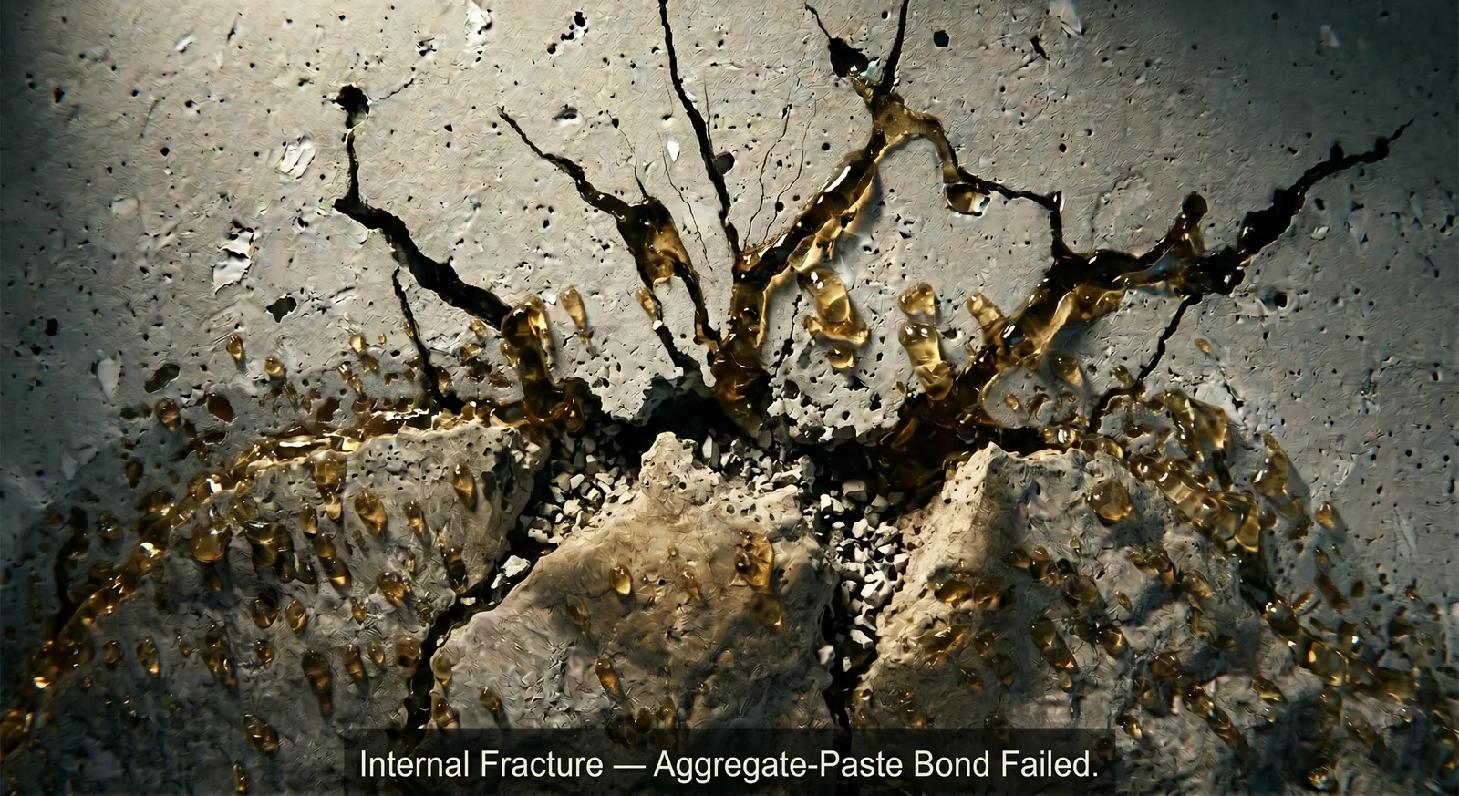 Microscopic visualization of alkali-silica reaction stage 6. The aggregate-paste bond has failed. ASR gel pressure has fractured the aggregate, and the failure has propagated into the surrounding cement paste matrix. Cracks now extending outward from the original interfacial zone toward the concrete surface.