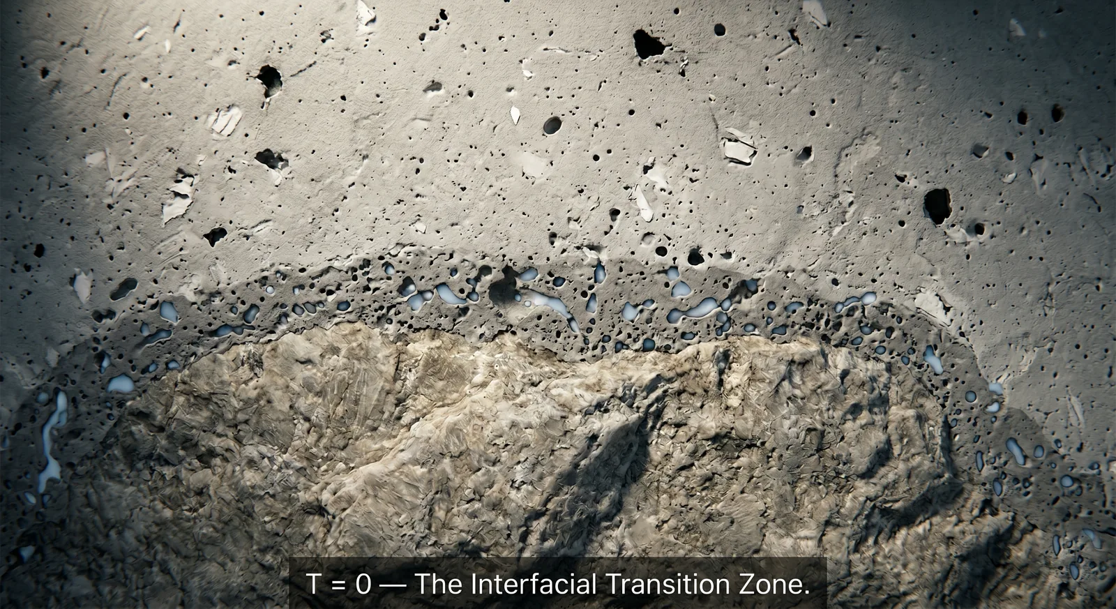 Microscopic view of the interfacial transition zone where alkali-silica reaction initiates. Porous boundary between aggregate at bottom and bulk cement paste at top, with alkali-rich pore water visible as droplets in direct contact with reactive amorphous silica at the aggregate surface.