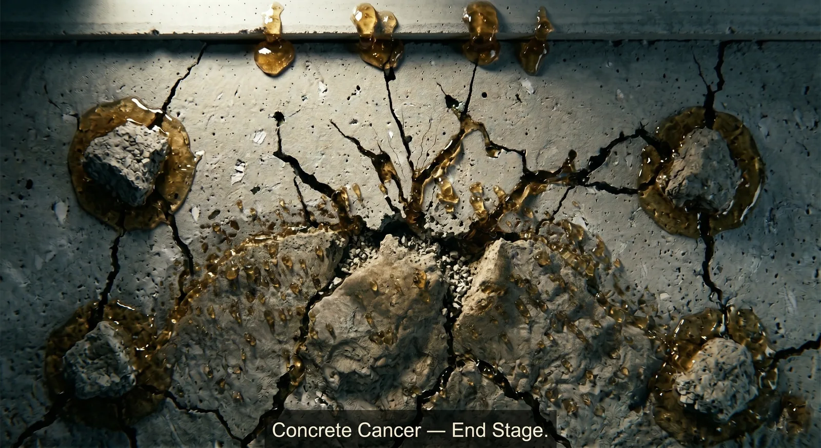 Forensic visualization of end-stage alkali-silica reaction damage. ASR gel exudation appearing as amber wet substance weeping from rebar reveal at the top and from radiating crack faces. Map cracking radiating from central aggregate displacement. Pop-out at multiple aggregate boundaries. The composite surface signature visible to homeowners after years of internal ASR progression.
