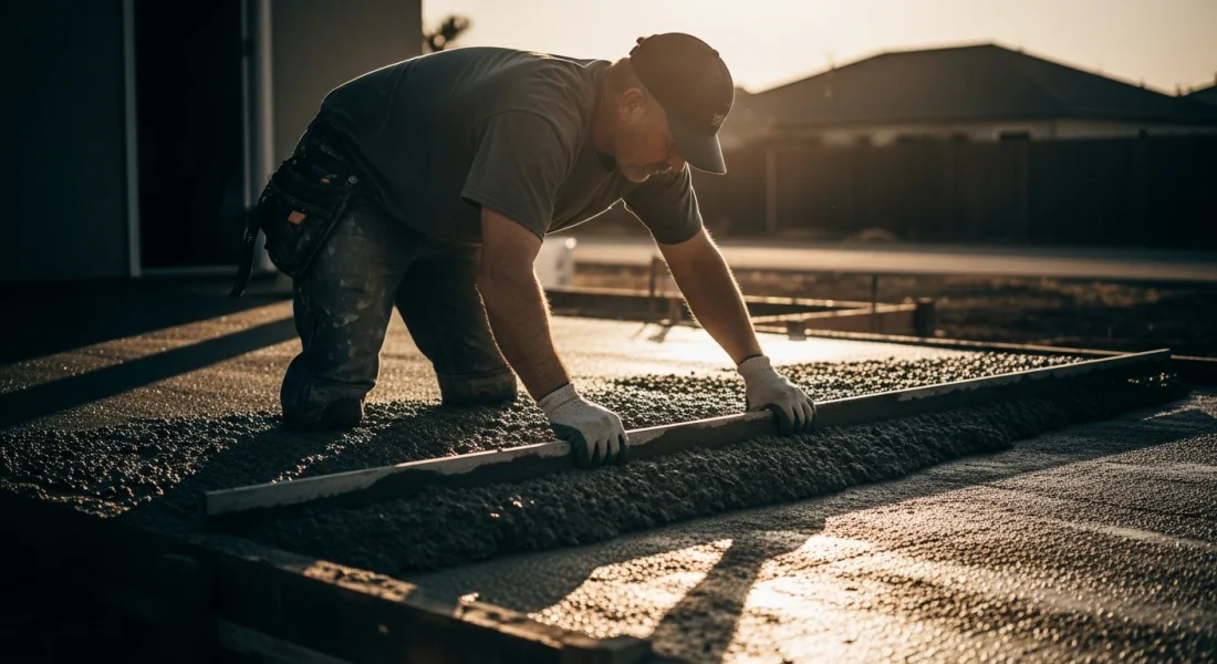 A contractor placing and screeding a fresh residential concrete pour at golden hour.