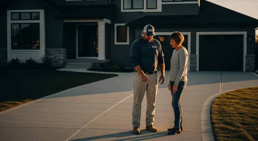 A homeowner reviewing a freshly finished concrete driveway with a PSIP-certified contractor.