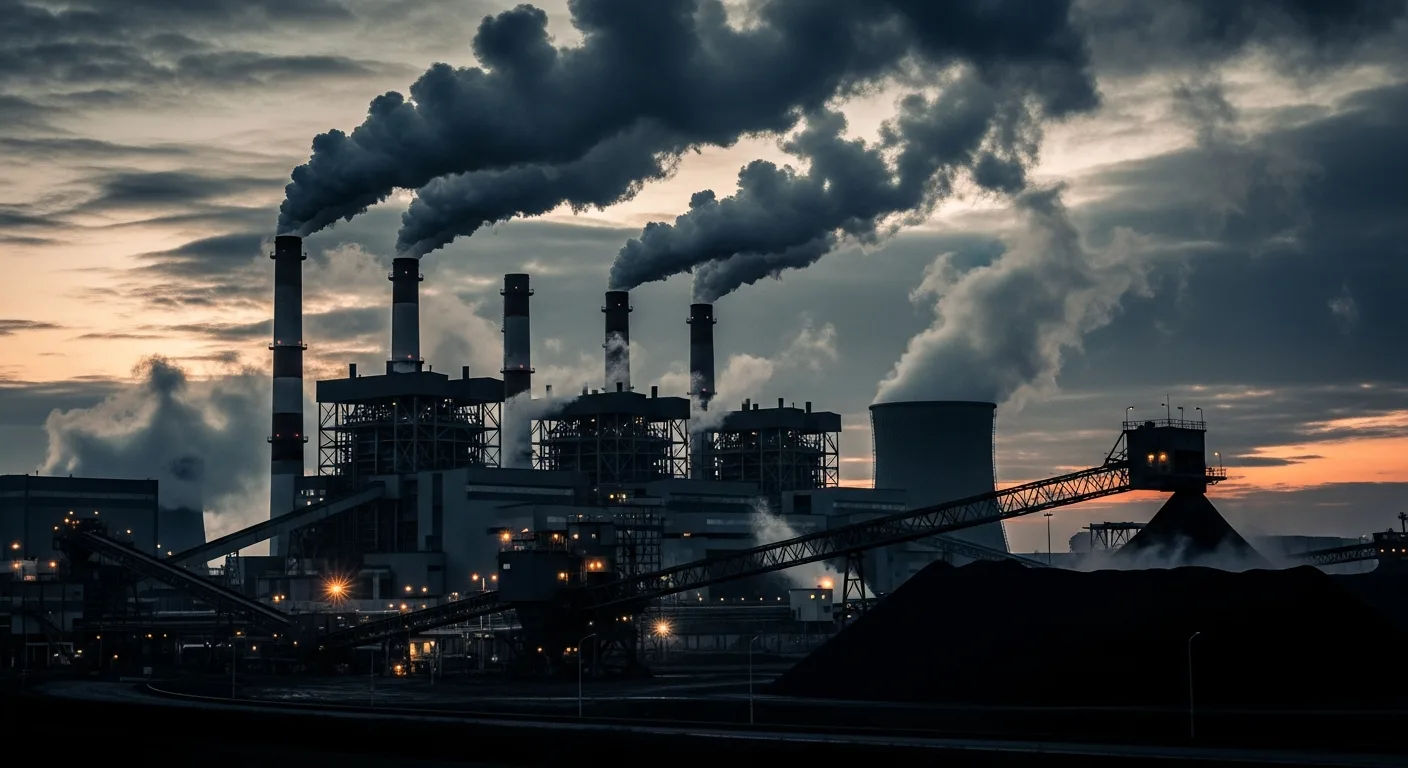 Coal-plant smoke stacks, the fly-ash collapse behind the concrete crisis.