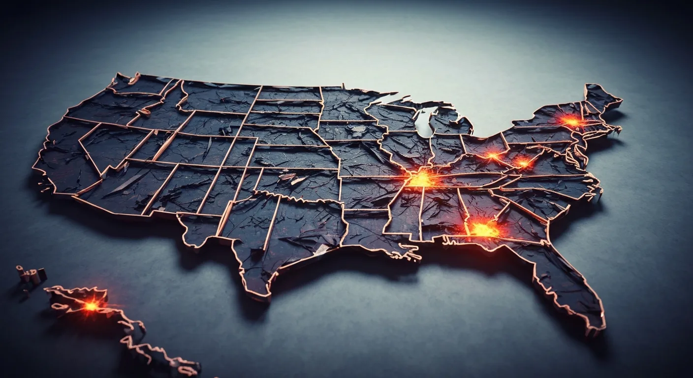 A map of the United States marking the rolling, region-by-region fly-ash chemistry crisis.